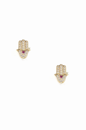 Limited Stock Hot Deal Flash Sale Alert Now 14K Yellow Gold Pav Crystal Hamsa Studs Pink