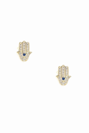 Limited Stock Offer 14K Yellow Gold Pav Crystal Hamsa Studs Blue
