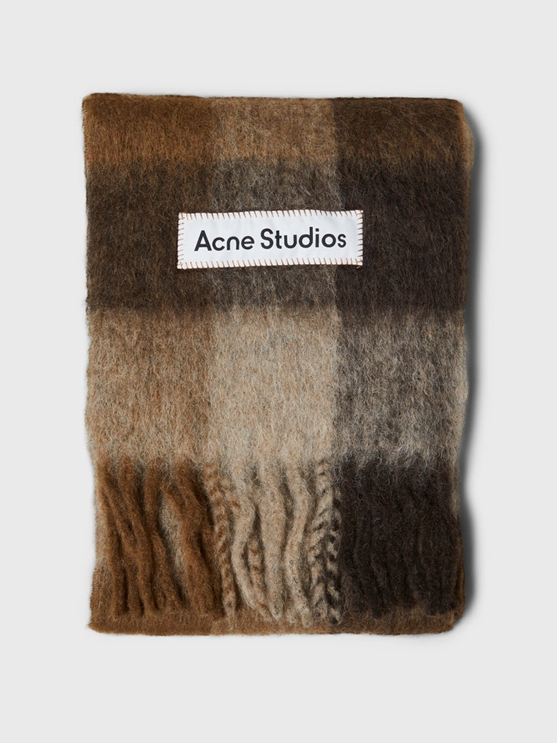 Check Fringe Scarf In Dark Brown, White And Brown Clearance Sale