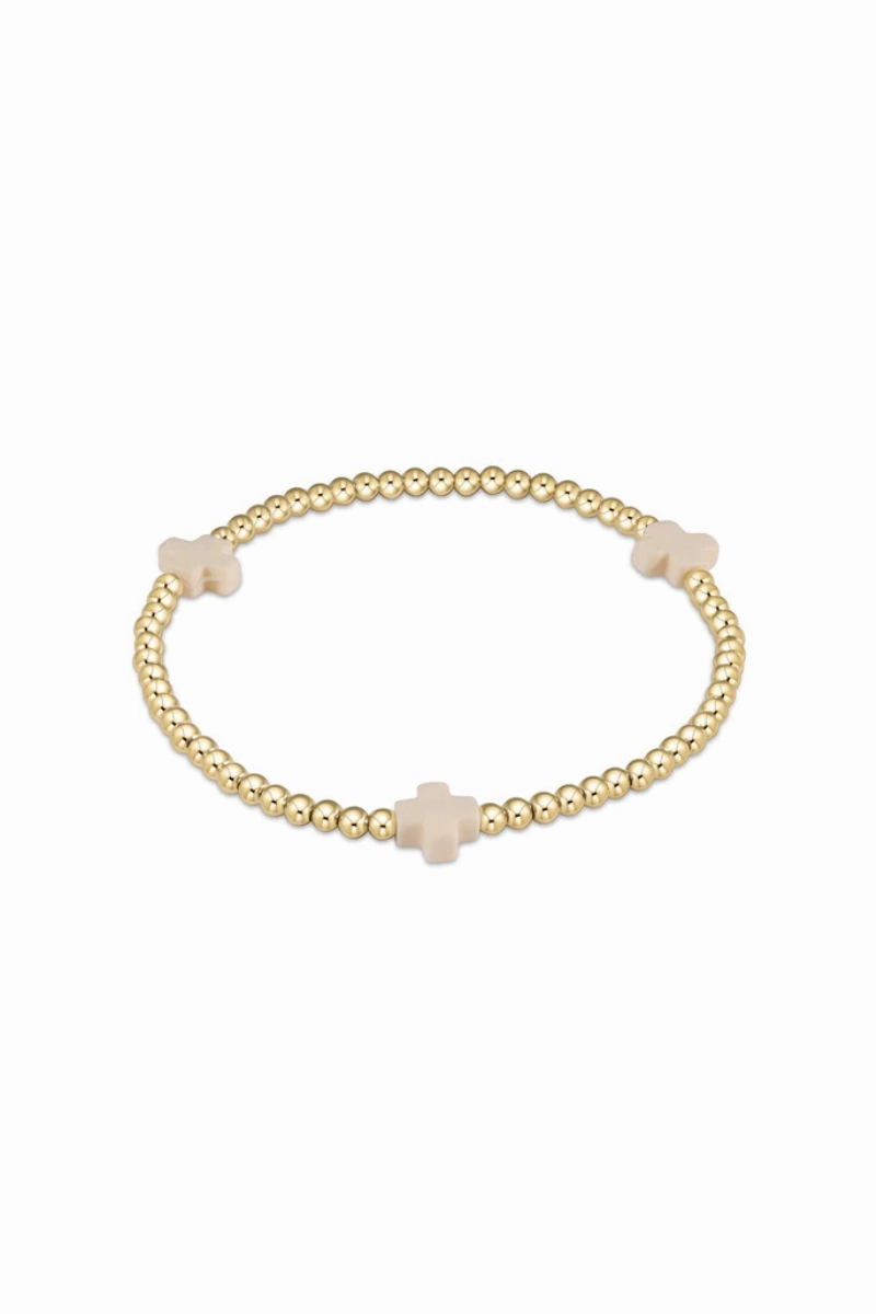 Dont Miss This Steal Signature Cross Gold Pattern 3Mm Bead Bracelet - Off White