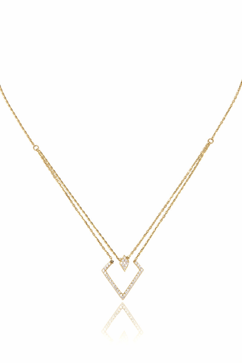 14K Gold Double Crystal Pav Diamond Shape Necklace Limited Stock Alert