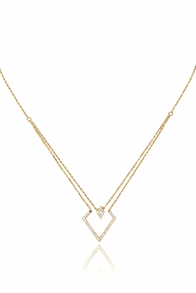 14K Gold Double Crystal Pav Diamond Shape Necklace Limited Stock Alert