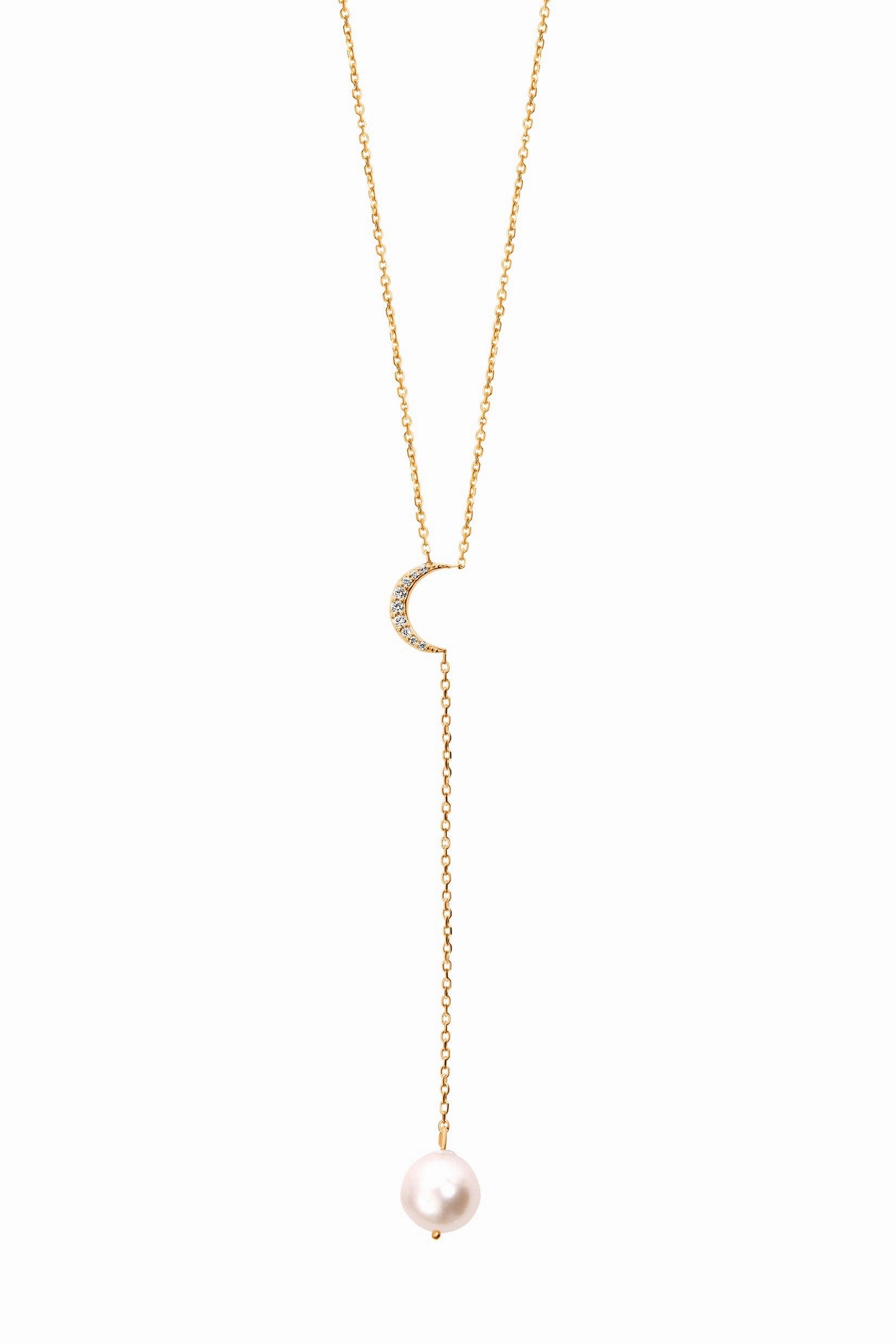 Diamond Crescent Moon Freshwater Pearl Lariat Necklace In 14K Yellow Gold Big Hot Sale