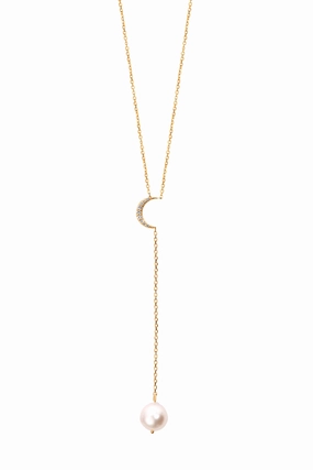 Diamond Crescent Moon Freshwater Pearl Lariat Necklace In 14K Yellow Gold Big Hot Sale