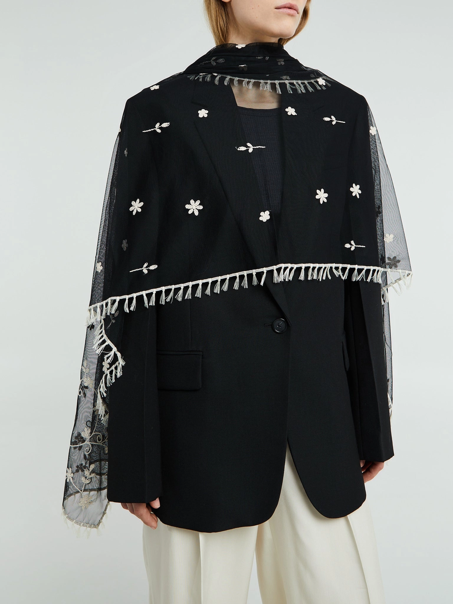 Limited Time Hot Deal Floral Tulle Shawl In Black And White