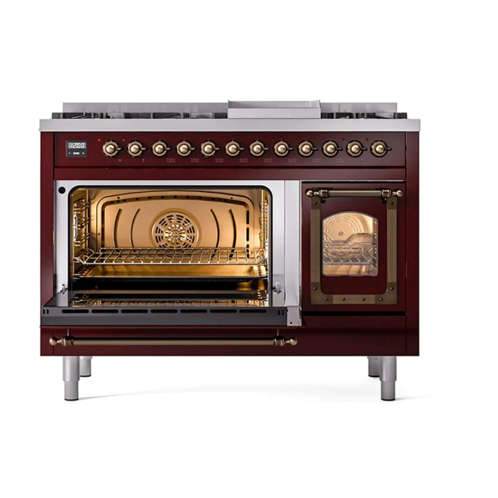 Ilve UN48FNMPBUBLP Ilve Un48Fnmpbublp Nostalgie Ii Noblesse 48" Dual Fuel Range (8 Sealed Burners   Griddle, Liquid Propane, Triple Glass Door, Burgundy, Burnished)