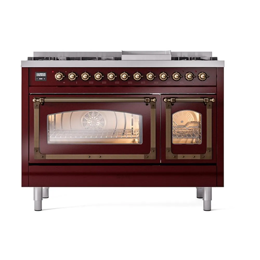 Ilve UN48FNMPBUBLP Ilve Un48Fnmpbublp Nostalgie Ii Noblesse 48" Dual Fuel Range (8 Sealed Burners   Griddle, Liquid Propane, Triple Glass Door, Burgundy, Burnished)