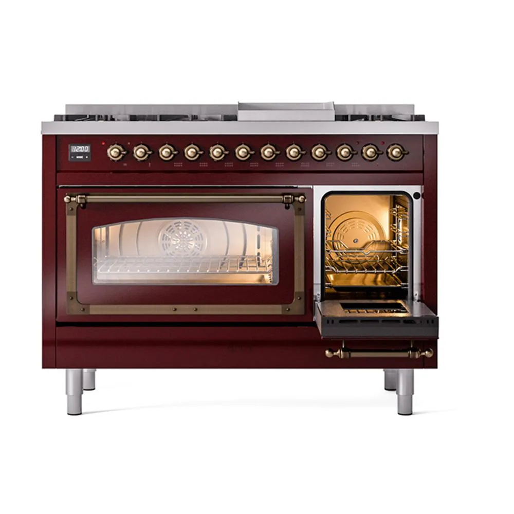 Ilve UN48FNMPBUBLP Ilve Un48Fnmpbublp Nostalgie Ii Noblesse 48" Dual Fuel Range (8 Sealed Burners   Griddle, Liquid Propane, Triple Glass Door, Burgundy, Burnished)