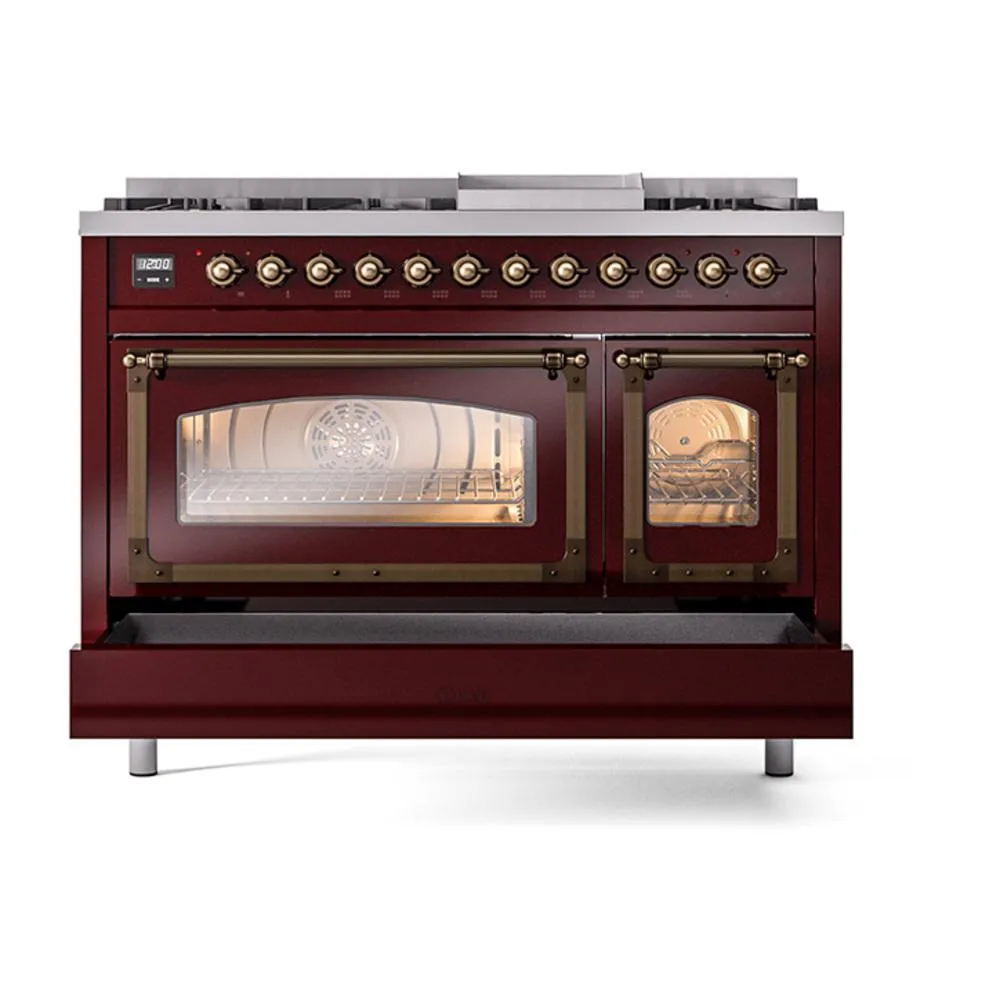 Ilve UN48FNMPBUBLP Ilve Un48Fnmpbublp Nostalgie Ii Noblesse 48" Dual Fuel Range (8 Sealed Burners   Griddle, Liquid Propane, Triple Glass Door, Burgundy, Burnished)