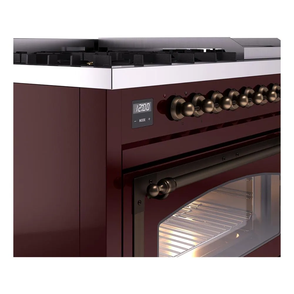 Ilve UN48FNMPBUBLP Ilve Un48Fnmpbublp Nostalgie Ii Noblesse 48" Dual Fuel Range (8 Sealed Burners   Griddle, Liquid Propane, Triple Glass Door, Burgundy, Burnished)