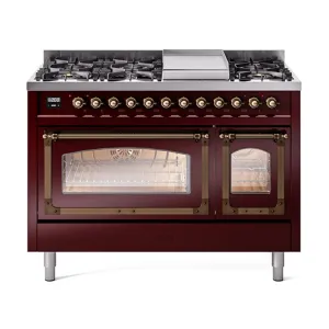 Ilve UN48FNMPBUBLP Ilve Un48Fnmpbublp Nostalgie Ii Noblesse 48" Dual Fuel Range (8 Sealed Burners   Griddle, Liquid Propane, Triple Glass Door, Burgundy, Burnished)