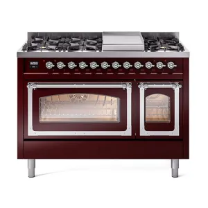 Ilve UN48FNMPBUCLP Ilve Un48Fnmpbuclp Nostalgie Ii Noblesse 48" Dual Fuel Range (8 Sealed Burners   Griddle, Liquid Propane, Triple Glass Door, Burgundy, Chrome)