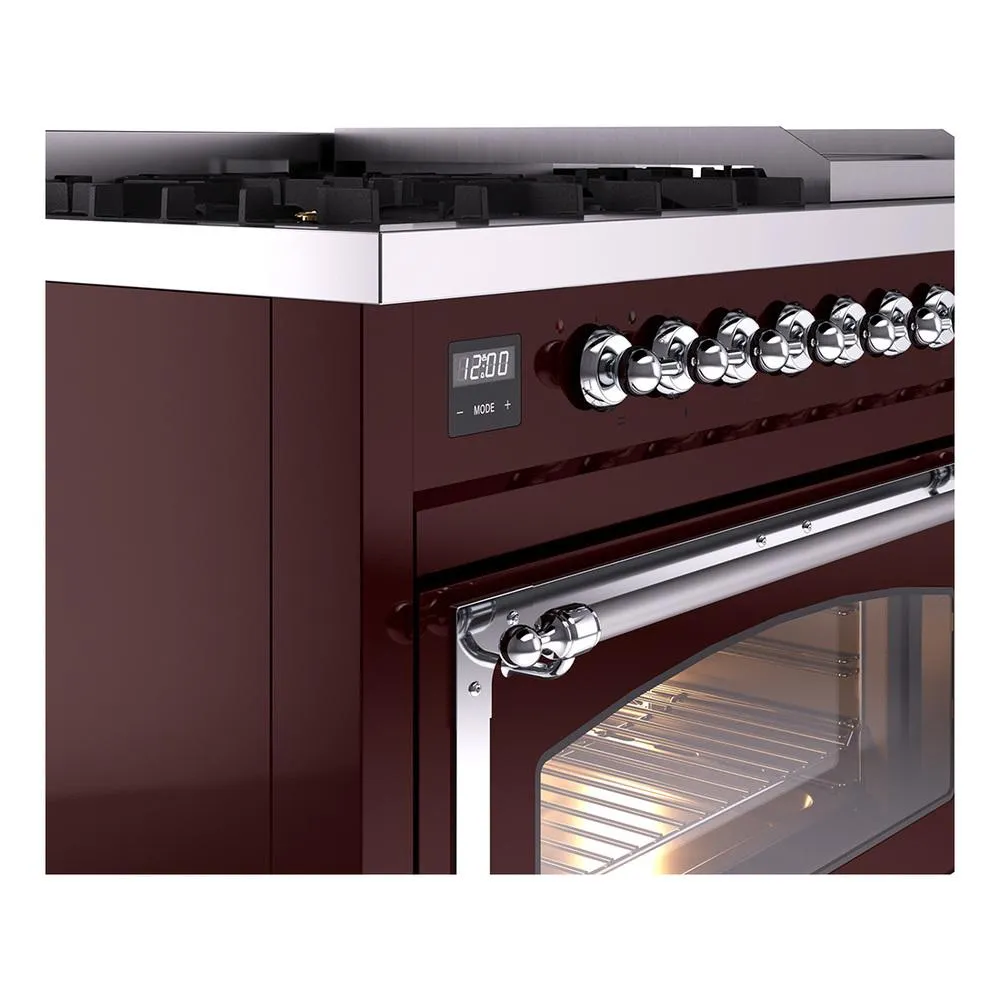 Ilve UN48FNMPBUCLP Ilve Un48Fnmpbuclp Nostalgie Ii Noblesse 48" Dual Fuel Range (8 Sealed Burners   Griddle, Liquid Propane, Triple Glass Door, Burgundy, Chrome)