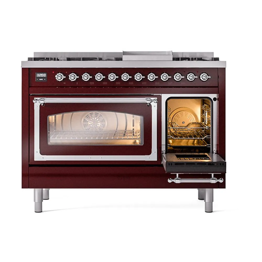 Ilve UN48FNMPBUCLP Ilve Un48Fnmpbuclp Nostalgie Ii Noblesse 48" Dual Fuel Range (8 Sealed Burners   Griddle, Liquid Propane, Triple Glass Door, Burgundy, Chrome)