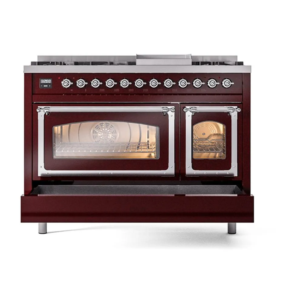 Ilve UN48FNMPBUCLP Ilve Un48Fnmpbuclp Nostalgie Ii Noblesse 48" Dual Fuel Range (8 Sealed Burners   Griddle, Liquid Propane, Triple Glass Door, Burgundy, Chrome)