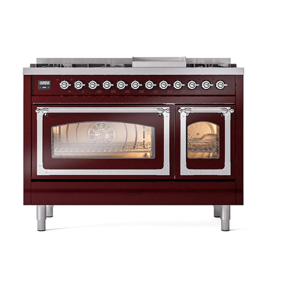 Ilve UN48FNMPBUCLP Ilve Un48Fnmpbuclp Nostalgie Ii Noblesse 48" Dual Fuel Range (8 Sealed Burners   Griddle, Liquid Propane, Triple Glass Door, Burgundy, Chrome)