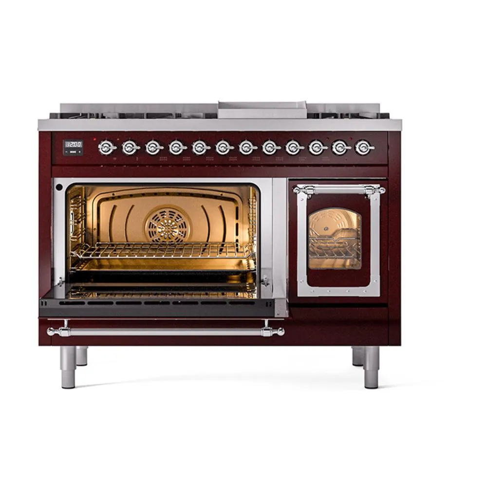 Ilve UN48FNMPBUCLP Ilve Un48Fnmpbuclp Nostalgie Ii Noblesse 48" Dual Fuel Range (8 Sealed Burners   Griddle, Liquid Propane, Triple Glass Door, Burgundy, Chrome)