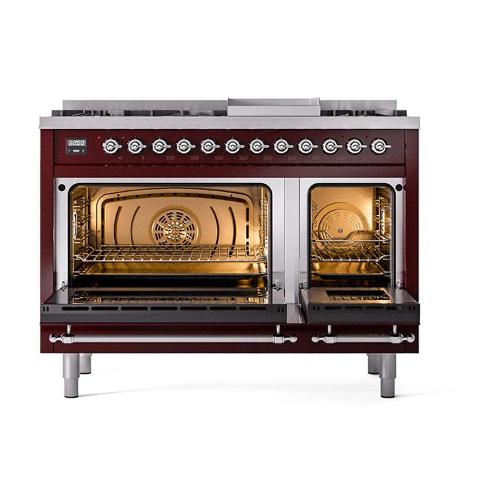 Ilve UN48FNMPBUCLP Ilve Un48Fnmpbuclp Nostalgie Ii Noblesse 48" Dual Fuel Range (8 Sealed Burners   Griddle, Liquid Propane, Triple Glass Door, Burgundy, Chrome)