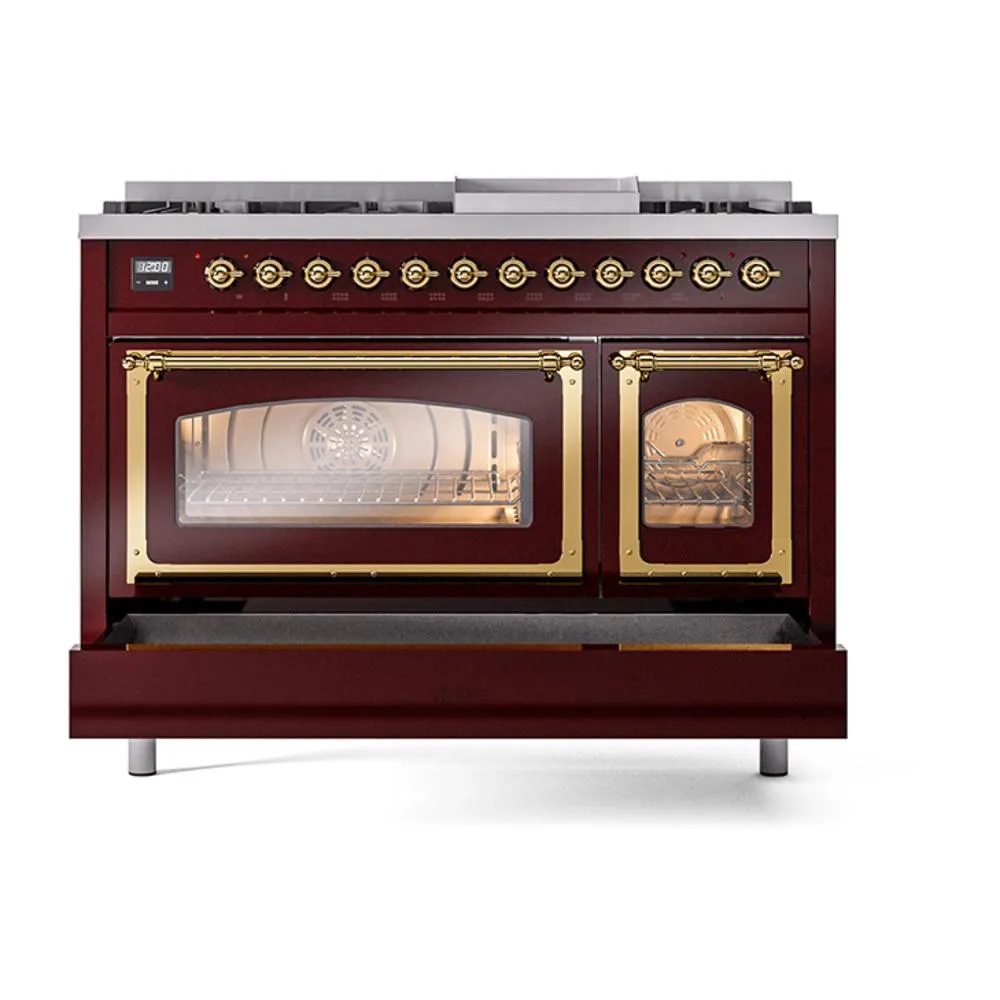 Ilve UN48FNMPBUG Ilve Un48Fnmpbug Nostalgie Ii Noblesse 48" Dual Fuel Range (8 Sealed Burners   Griddle, Natural Gas, Triple Glass Door, Burgundy, Brass)