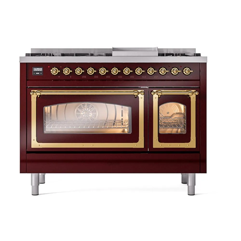 Ilve UN48FNMPBUG Ilve Un48Fnmpbug Nostalgie Ii Noblesse 48" Dual Fuel Range (8 Sealed Burners   Griddle, Natural Gas, Triple Glass Door, Burgundy, Brass)