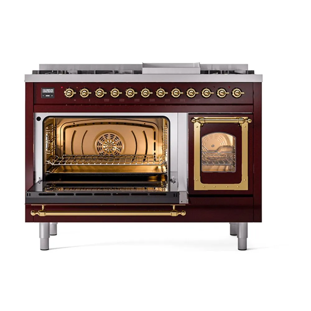 Ilve UN48FNMPBUG Ilve Un48Fnmpbug Nostalgie Ii Noblesse 48" Dual Fuel Range (8 Sealed Burners   Griddle, Natural Gas, Triple Glass Door, Burgundy, Brass)