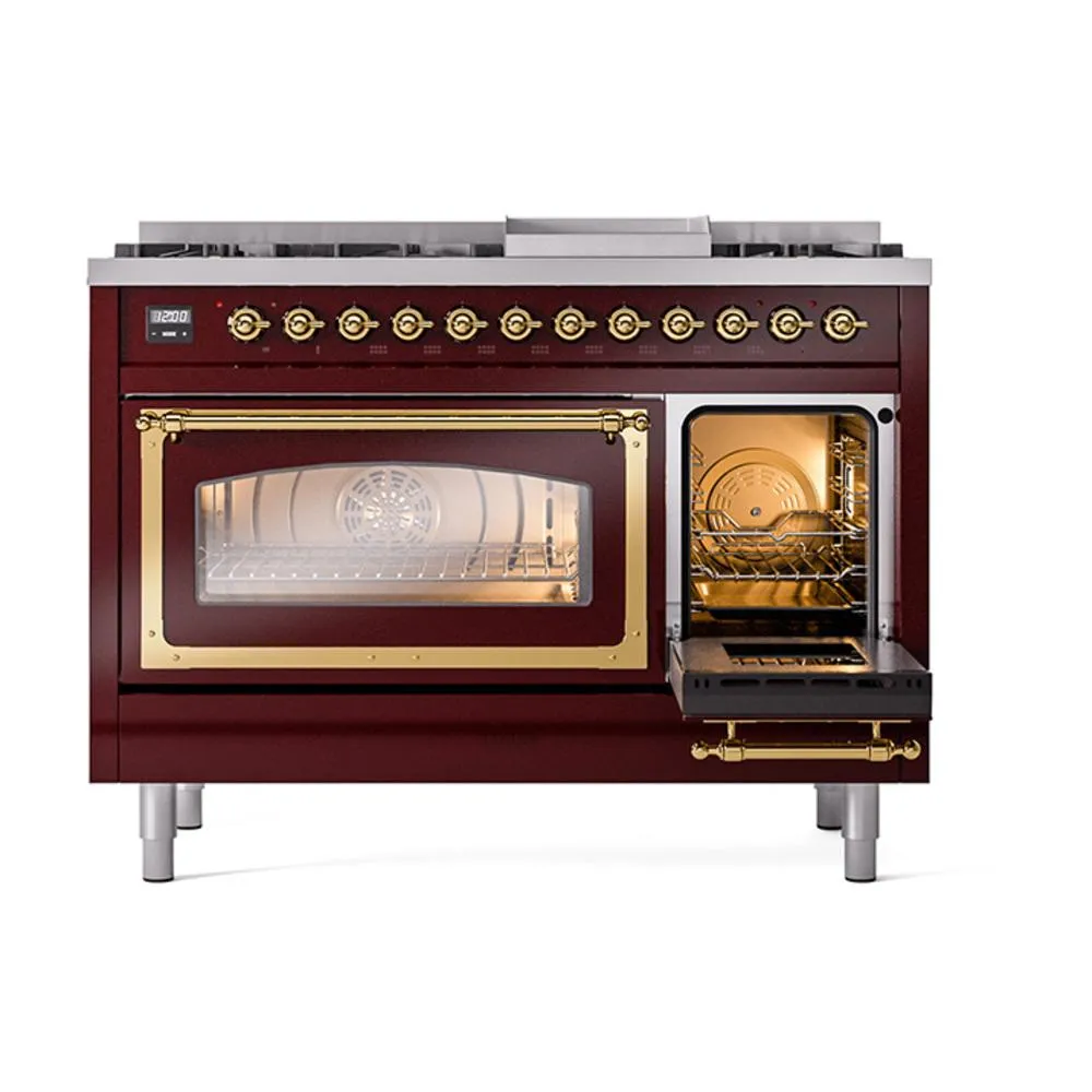 Ilve UN48FNMPBUG Ilve Un48Fnmpbug Nostalgie Ii Noblesse 48" Dual Fuel Range (8 Sealed Burners   Griddle, Natural Gas, Triple Glass Door, Burgundy, Brass)