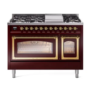 Ilve UN48FNMPBUG Ilve Un48Fnmpbug Nostalgie Ii Noblesse 48" Dual Fuel Range (8 Sealed Burners   Griddle, Natural Gas, Triple Glass Door, Burgundy, Brass)