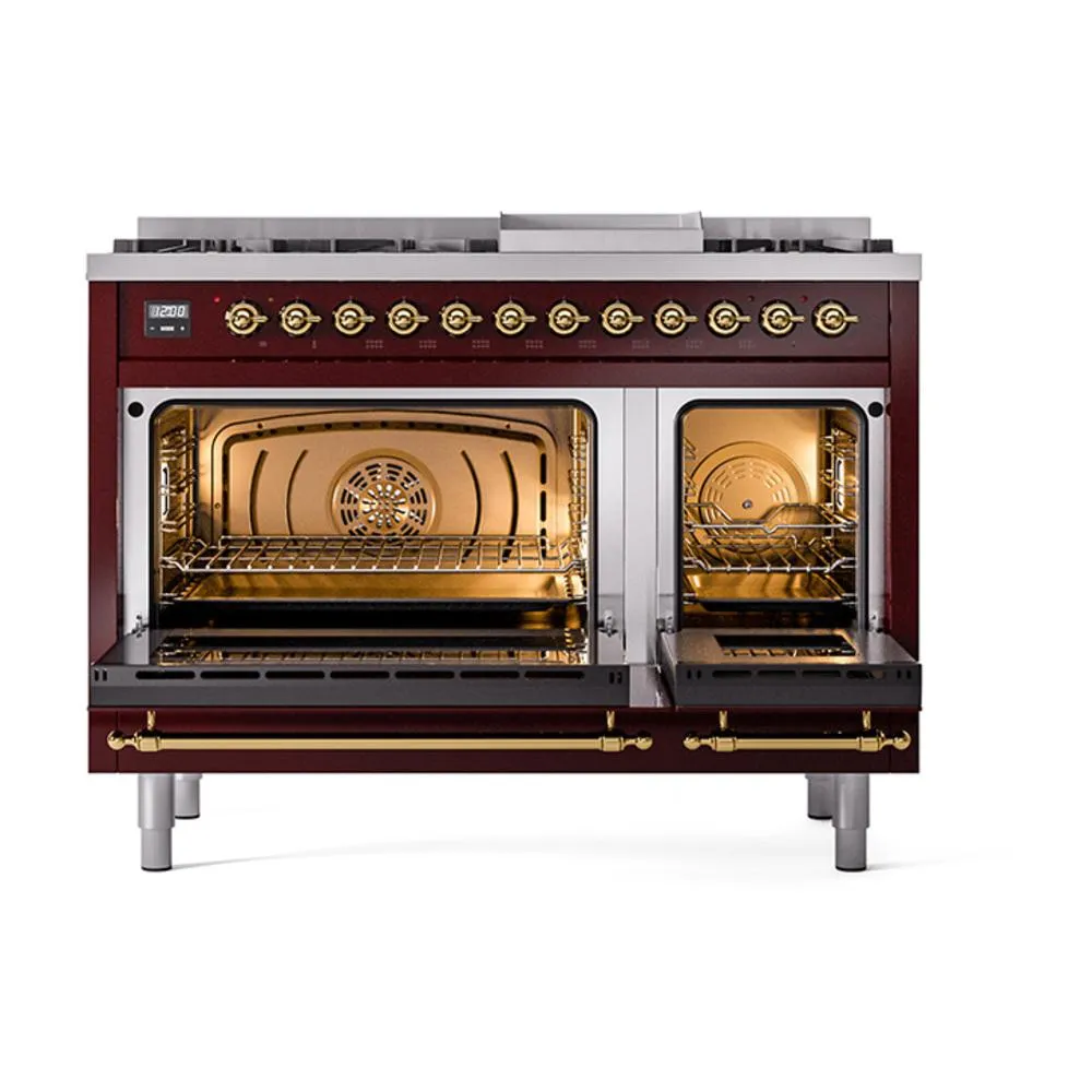 Ilve UN48FNMPBUG Ilve Un48Fnmpbug Nostalgie Ii Noblesse 48" Dual Fuel Range (8 Sealed Burners   Griddle, Natural Gas, Triple Glass Door, Burgundy, Brass)