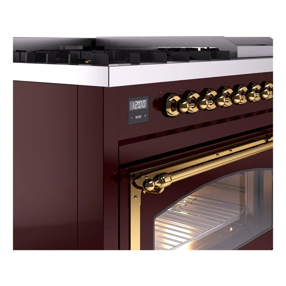 Ilve UN48FNMPBUGLP Ilve Un48Fnmpbuglp Nostalgie Ii Noblesse 48" Dual Fuel Range (8 Sealed Burners   Griddle, Liquid Propane, Triple Glass Door, Burgundy, Brass)