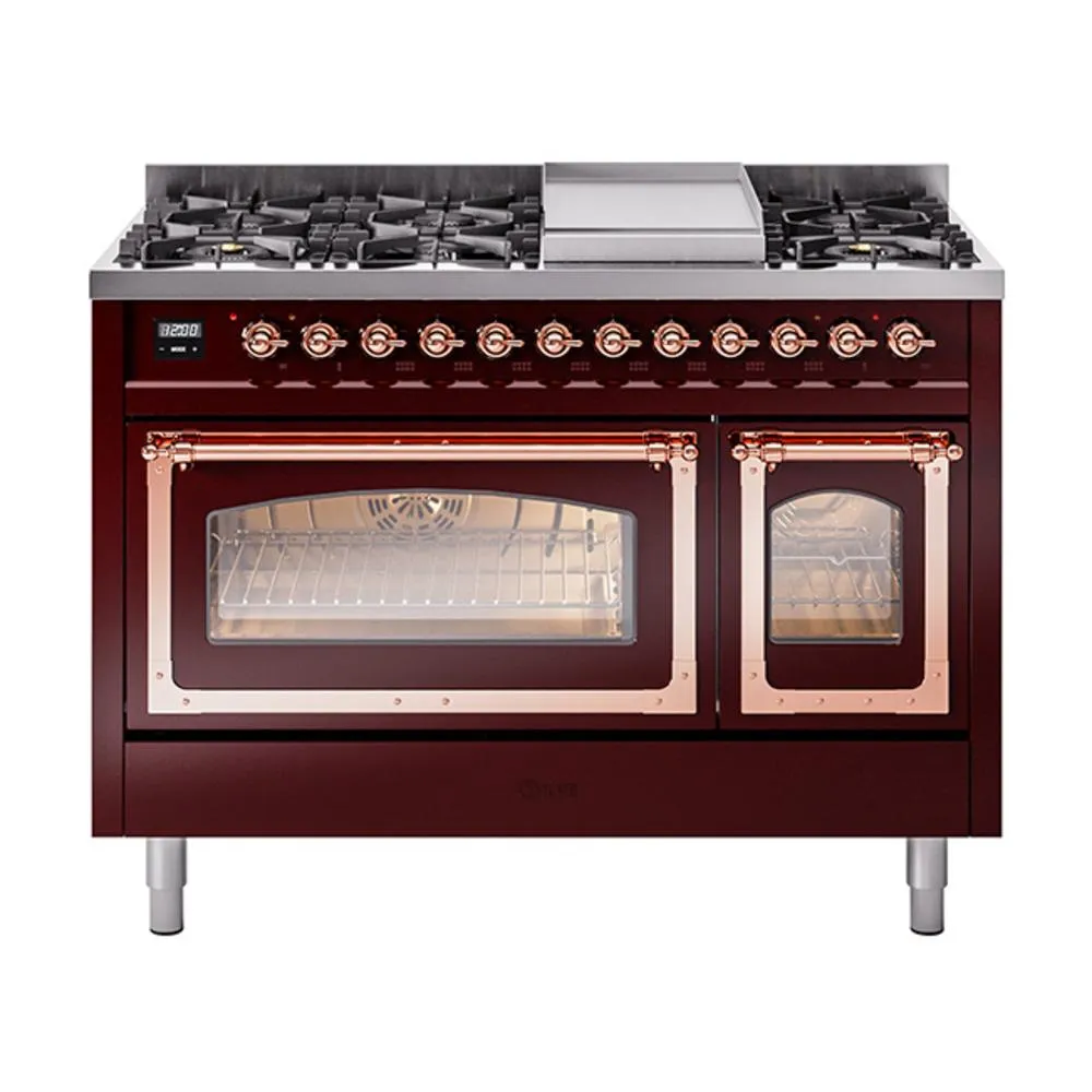 Ilve UN48FNMPBUP Ilve Un48Fnmpbup Nostalgie Ii Noblesse 48" Dual Fuel Range (8 Sealed Burners   Griddle, Natural Gas, Triple Glass Door, Burgundy, Copper)