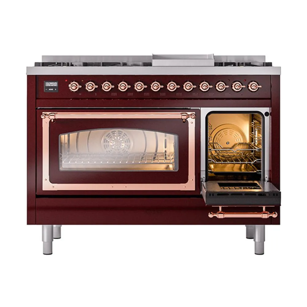 Ilve UN48FNMPBUP Ilve Un48Fnmpbup Nostalgie Ii Noblesse 48" Dual Fuel Range (8 Sealed Burners   Griddle, Natural Gas, Triple Glass Door, Burgundy, Copper)