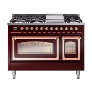 Ilve UN48FNMPBUP Ilve Un48Fnmpbup Nostalgie Ii Noblesse 48" Dual Fuel Range (8 Sealed Burners   Griddle, Natural Gas, Triple Glass Door, Burgundy, Copper)