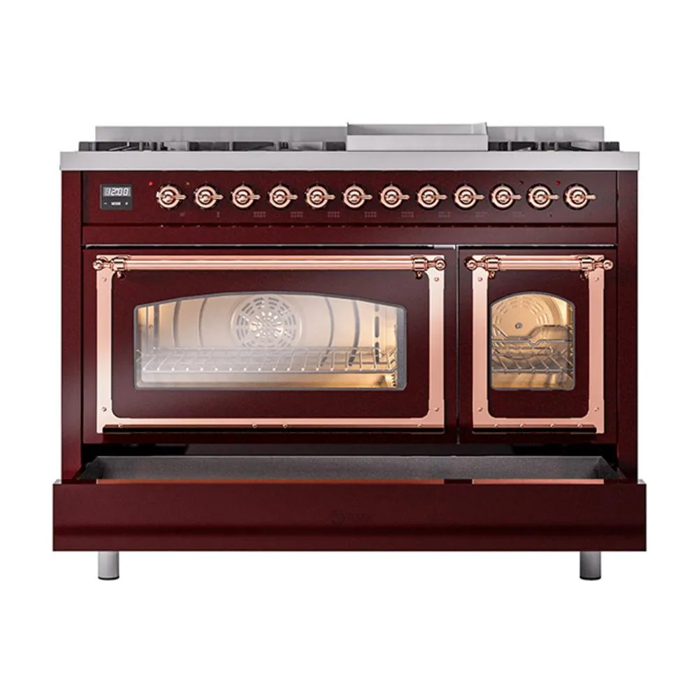 Ilve UN48FNMPBUP Ilve Un48Fnmpbup Nostalgie Ii Noblesse 48" Dual Fuel Range (8 Sealed Burners   Griddle, Natural Gas, Triple Glass Door, Burgundy, Copper)