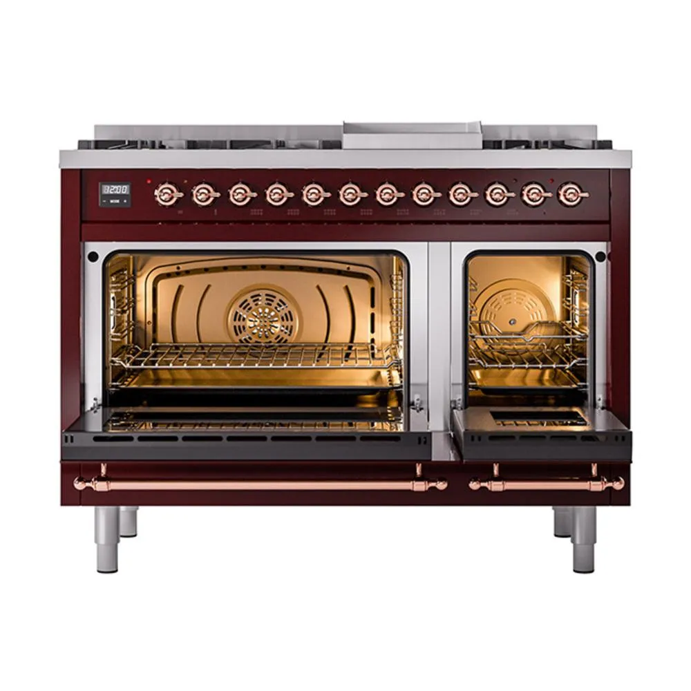 Ilve UN48FNMPBUP Ilve Un48Fnmpbup Nostalgie Ii Noblesse 48" Dual Fuel Range (8 Sealed Burners   Griddle, Natural Gas, Triple Glass Door, Burgundy, Copper)