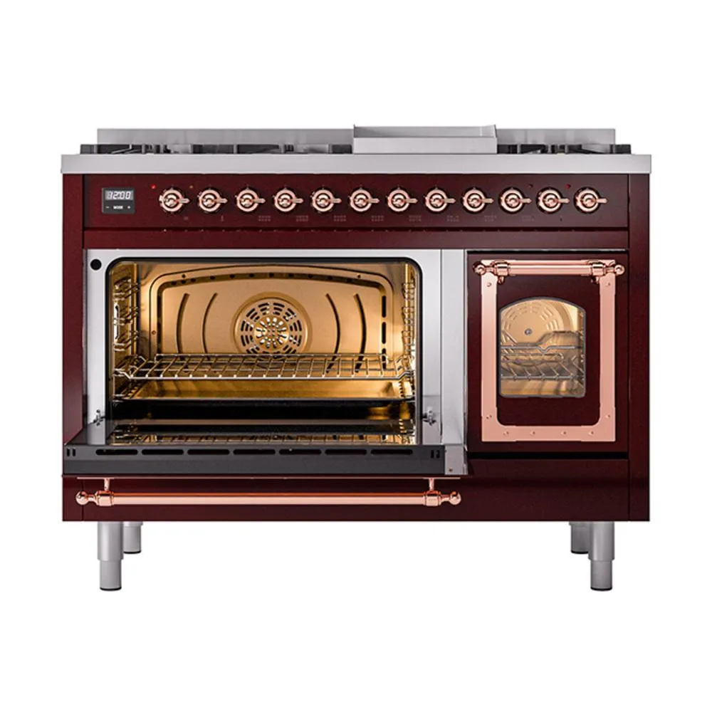 Ilve UN48FNMPBUP Ilve Un48Fnmpbup Nostalgie Ii Noblesse 48" Dual Fuel Range (8 Sealed Burners   Griddle, Natural Gas, Triple Glass Door, Burgundy, Copper)