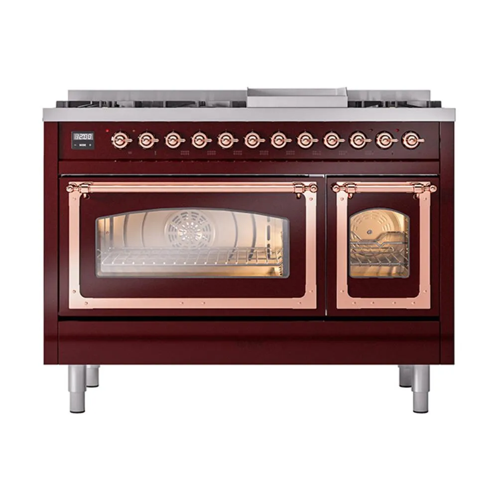 Ilve UN48FNMPBUP Ilve Un48Fnmpbup Nostalgie Ii Noblesse 48" Dual Fuel Range (8 Sealed Burners   Griddle, Natural Gas, Triple Glass Door, Burgundy, Copper)