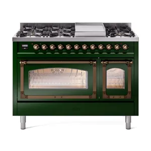 Ilve UN48FNMPEGBLP Ilve Un48Fnmpegblp Nostalgie Ii Noblesse 48" Dual Fuel Range (8 Sealed Burners   Griddle, Liquid Propane, Triple Glass Door, Emerald Green, Burnished)