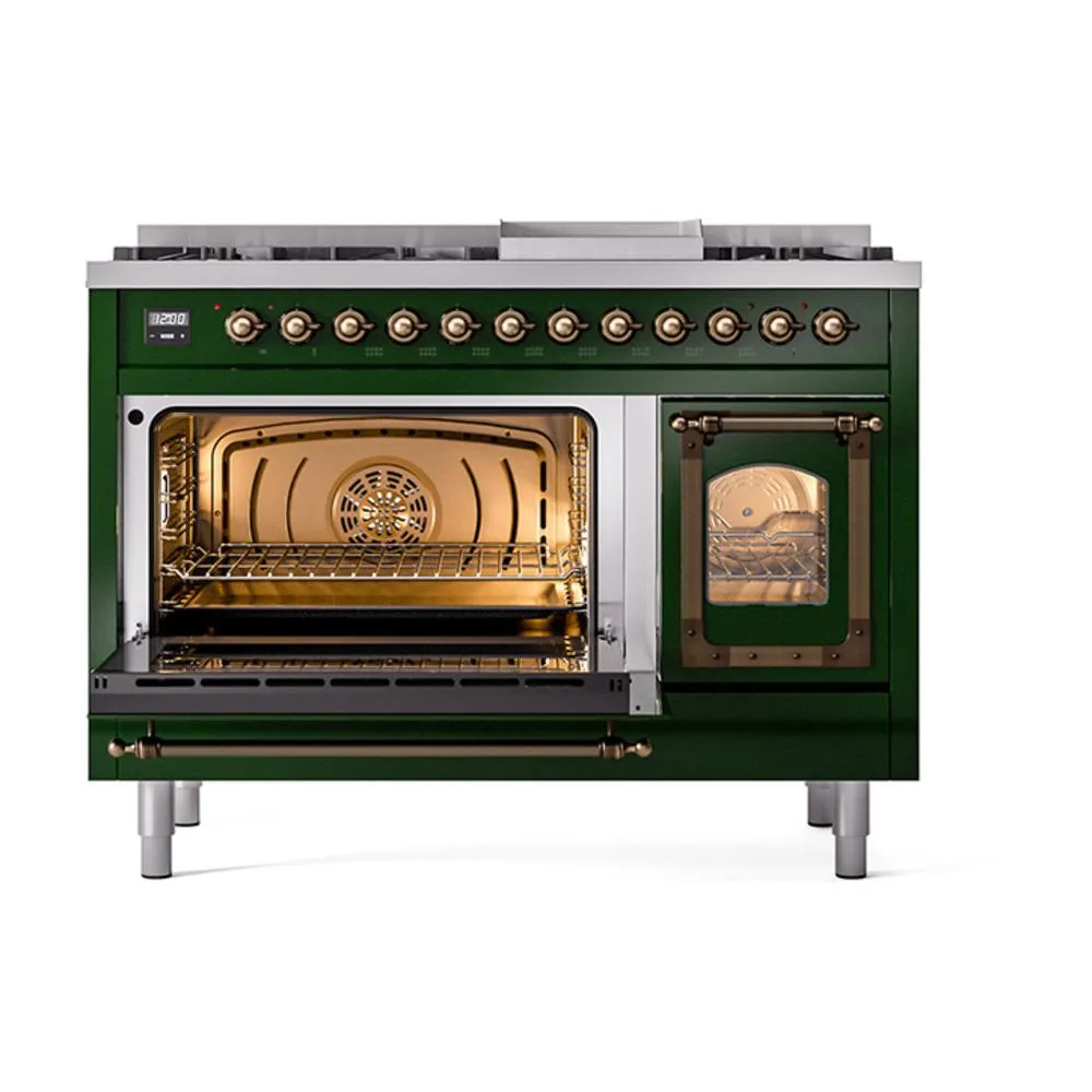 Ilve UN48FNMPEGBLP Ilve Un48Fnmpegblp Nostalgie Ii Noblesse 48" Dual Fuel Range (8 Sealed Burners   Griddle, Liquid Propane, Triple Glass Door, Emerald Green, Burnished)