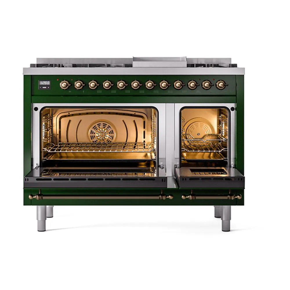 Ilve UN48FNMPEGBLP Ilve Un48Fnmpegblp Nostalgie Ii Noblesse 48" Dual Fuel Range (8 Sealed Burners   Griddle, Liquid Propane, Triple Glass Door, Emerald Green, Burnished)