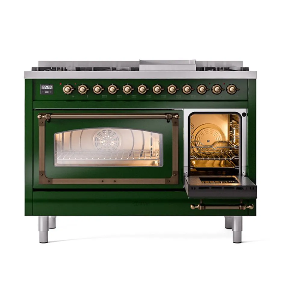 Ilve UN48FNMPEGBLP Ilve Un48Fnmpegblp Nostalgie Ii Noblesse 48" Dual Fuel Range (8 Sealed Burners   Griddle, Liquid Propane, Triple Glass Door, Emerald Green, Burnished)