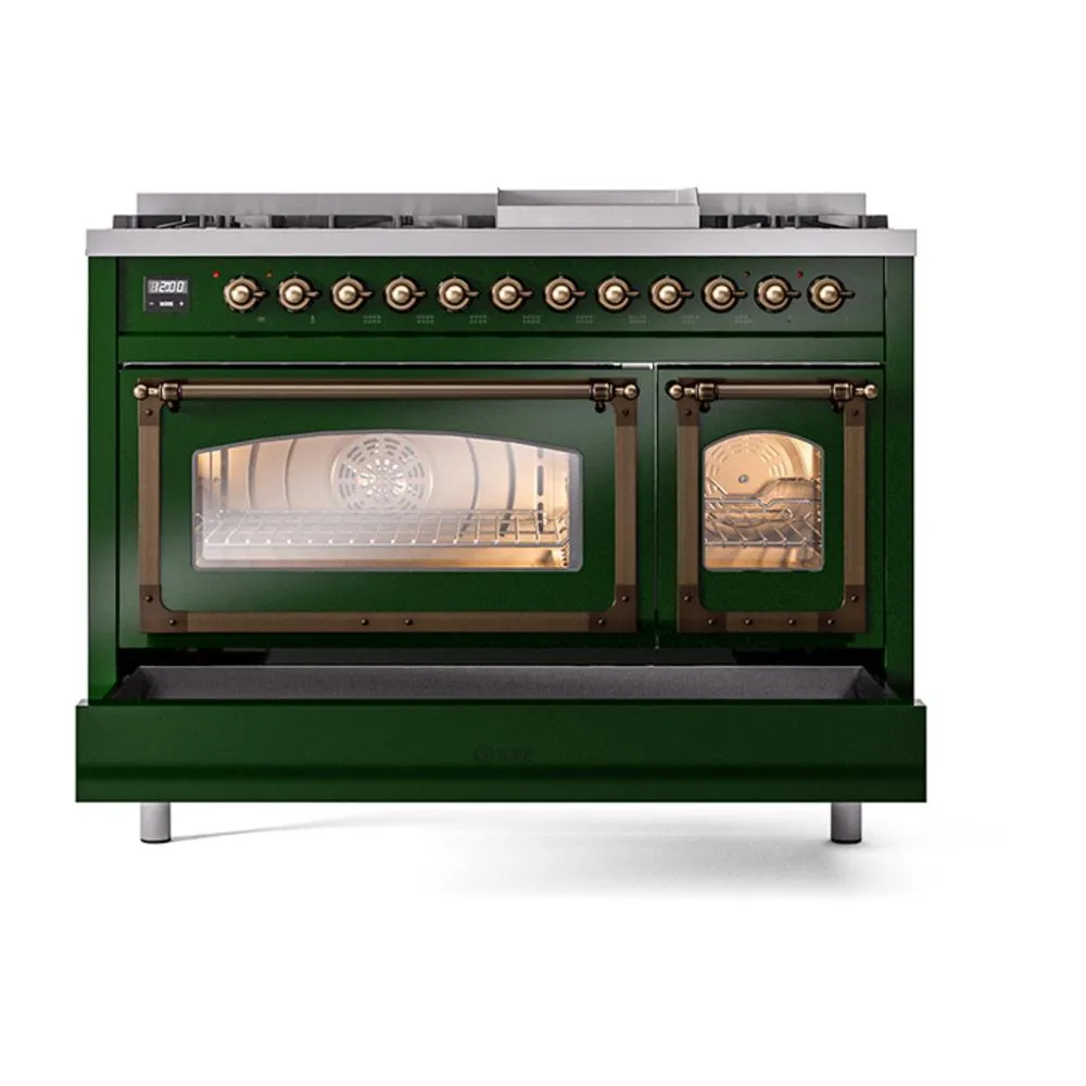 Ilve UN48FNMPEGBLP Ilve Un48Fnmpegblp Nostalgie Ii Noblesse 48" Dual Fuel Range (8 Sealed Burners   Griddle, Liquid Propane, Triple Glass Door, Emerald Green, Burnished)