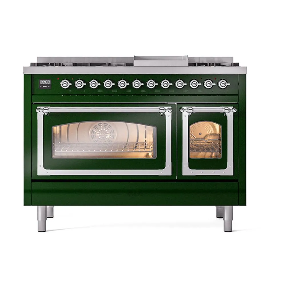 Ilve UN48FNMPEGC Ilve Un48Fnmpegc Nostalgie Ii Noblesse 48" Dual Fuel Range (8 Sealed Burners   Griddle, Natural Gas, Triple Glass Door, Emerald Green, Chrome)