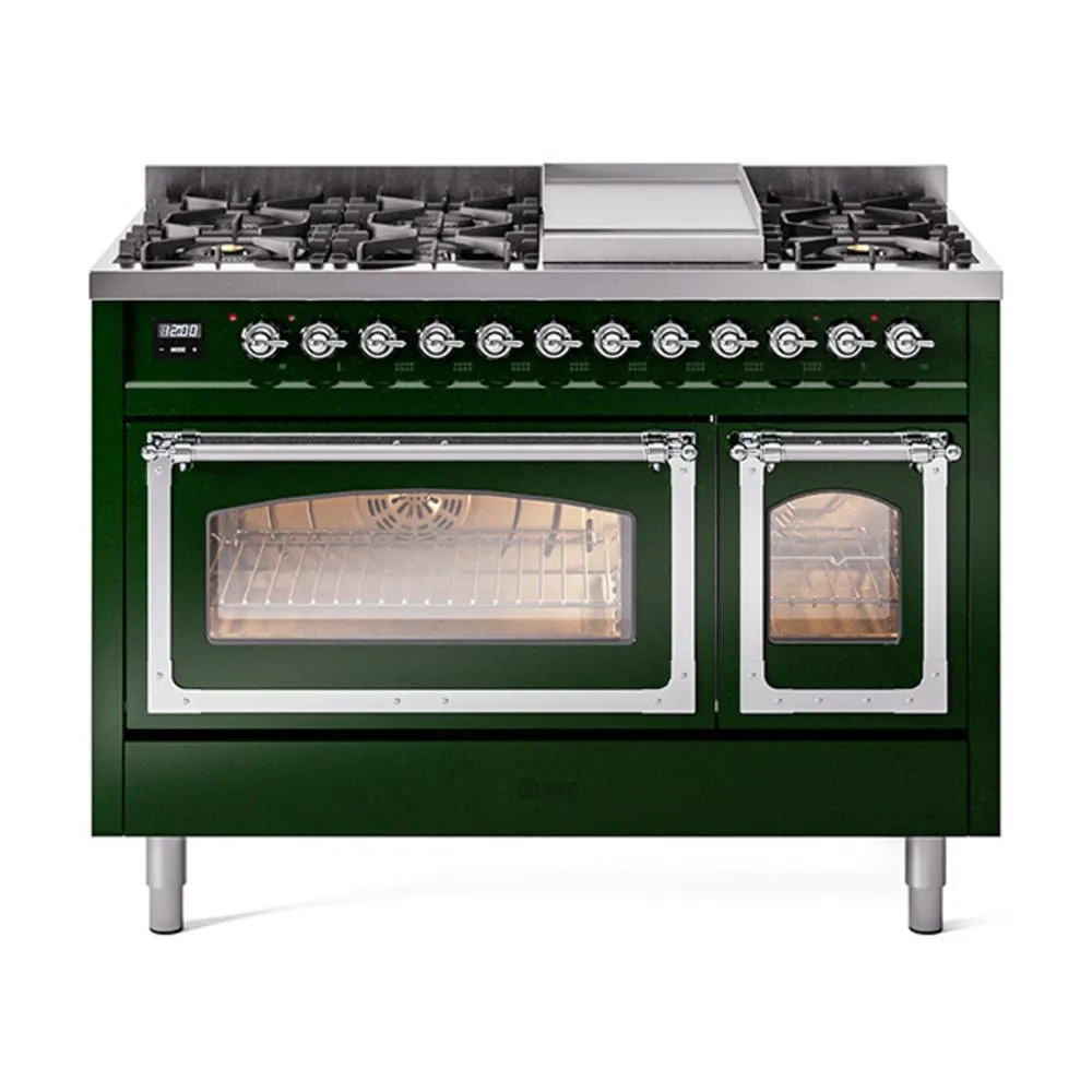 Ilve UN48FNMPEGCLP Ilve Un48Fnmpegclp Nostalgie Ii Noblesse 48" Dual Fuel Range (8 Sealed Burners   Griddle, Liquid Propane, Triple Glass Door, Emerald Green, Chrome)