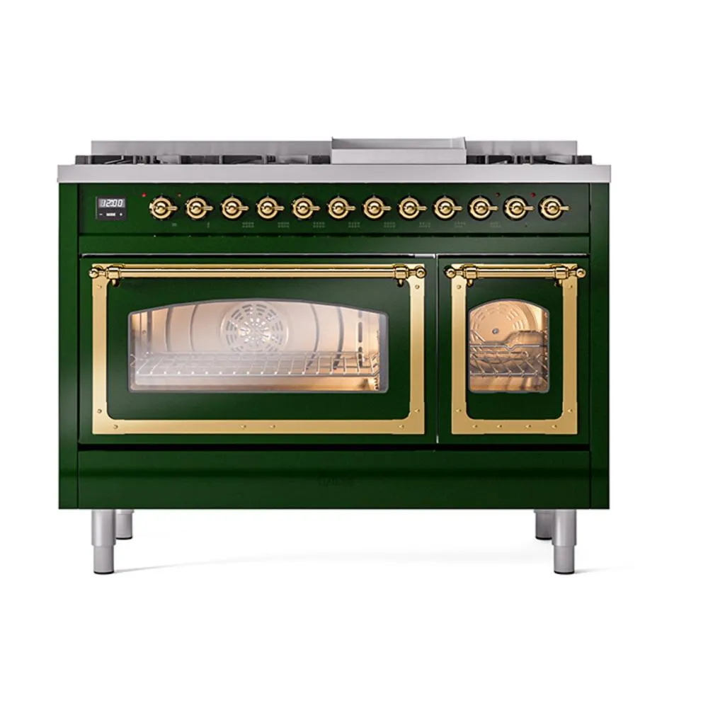 Ilve UN48FNMPEGG Ilve Un48Fnmpegg Nostalgie Ii Noblesse 48" Dual Fuel Range (8 Sealed Burners   Griddle, Natural Gas, Triple Glass Door, Emerald Green, Brass)