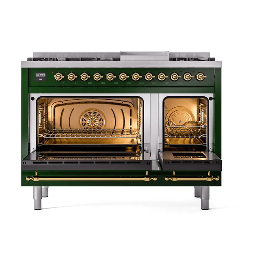 Ilve UN48FNMPEGG Ilve Un48Fnmpegg Nostalgie Ii Noblesse 48" Dual Fuel Range (8 Sealed Burners   Griddle, Natural Gas, Triple Glass Door, Emerald Green, Brass)
