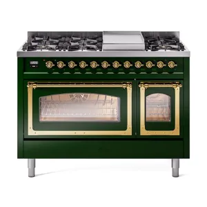 Ilve UN48FNMPEGG Ilve Un48Fnmpegg Nostalgie Ii Noblesse 48" Dual Fuel Range (8 Sealed Burners   Griddle, Natural Gas, Triple Glass Door, Emerald Green, Brass)
