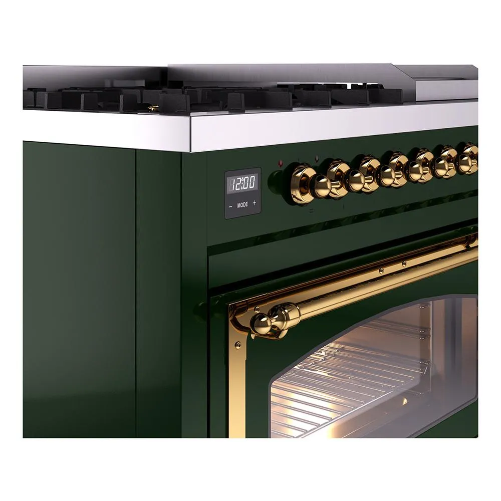 Ilve UN48FNMPEGG Ilve Un48Fnmpegg Nostalgie Ii Noblesse 48" Dual Fuel Range (8 Sealed Burners   Griddle, Natural Gas, Triple Glass Door, Emerald Green, Brass)