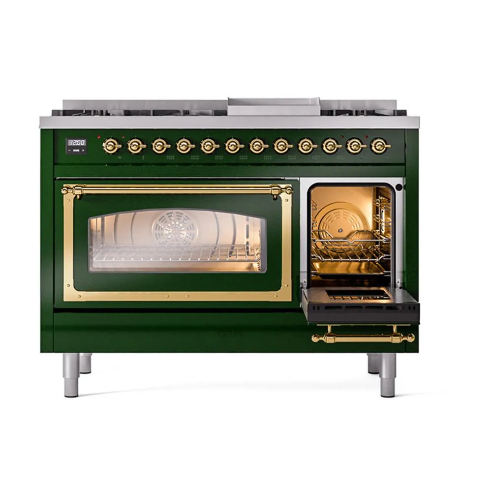 Ilve UN48FNMPEGG Ilve Un48Fnmpegg Nostalgie Ii Noblesse 48" Dual Fuel Range (8 Sealed Burners   Griddle, Natural Gas, Triple Glass Door, Emerald Green, Brass)