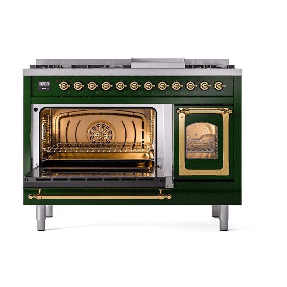 Ilve UN48FNMPEGG Ilve Un48Fnmpegg Nostalgie Ii Noblesse 48" Dual Fuel Range (8 Sealed Burners   Griddle, Natural Gas, Triple Glass Door, Emerald Green, Brass)