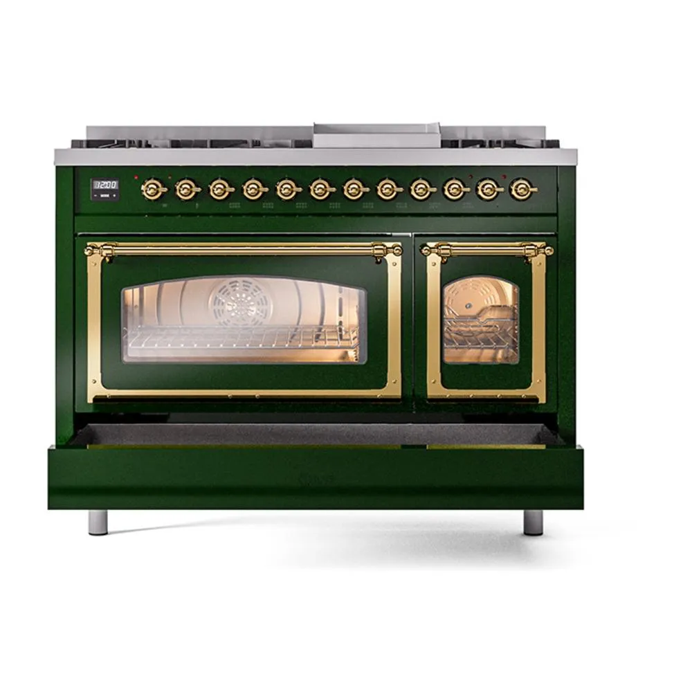 Ilve UN48FNMPEGGLP Ilve Un48Fnmpegglp Nostalgie Ii Noblesse 48" Dual Fuel Range (8 Sealed Burners   Griddle, Liquid Propane, Triple Glass Door, Emerald Green, Brass)